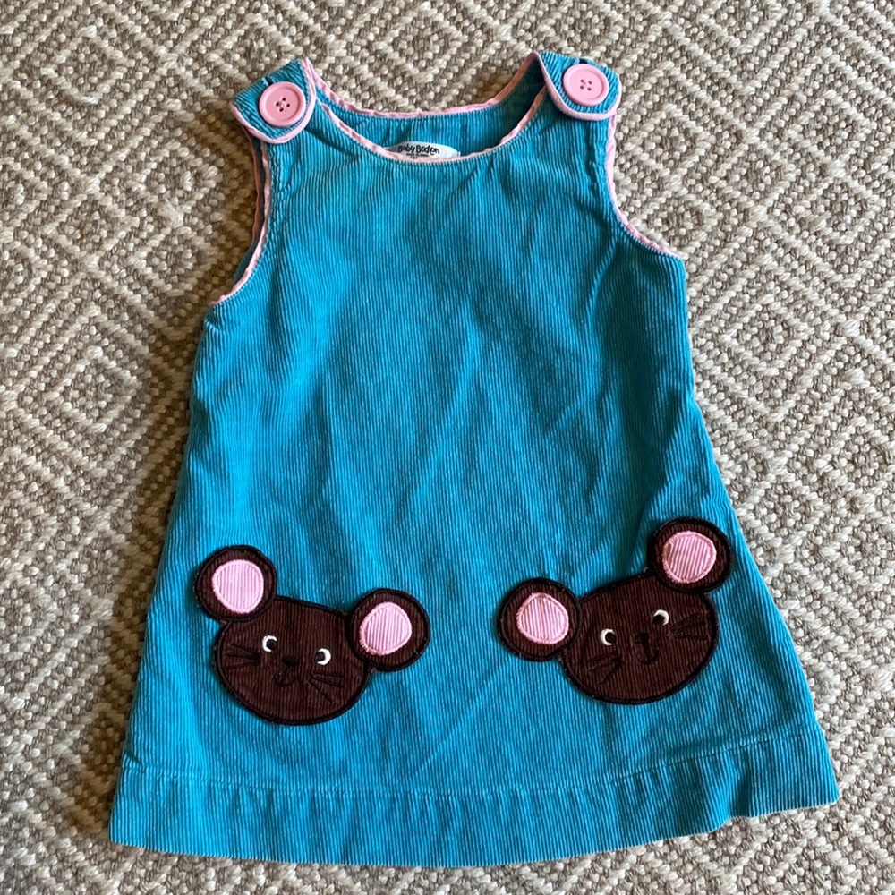 Baby Boden blue and pink corduroy jumper with mouse applique pockets.
